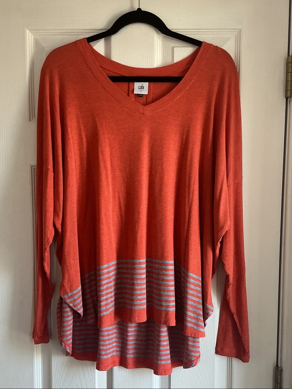 CAbi Coral V-Neck Layered Long-Sleeve Top with Gray Stripes